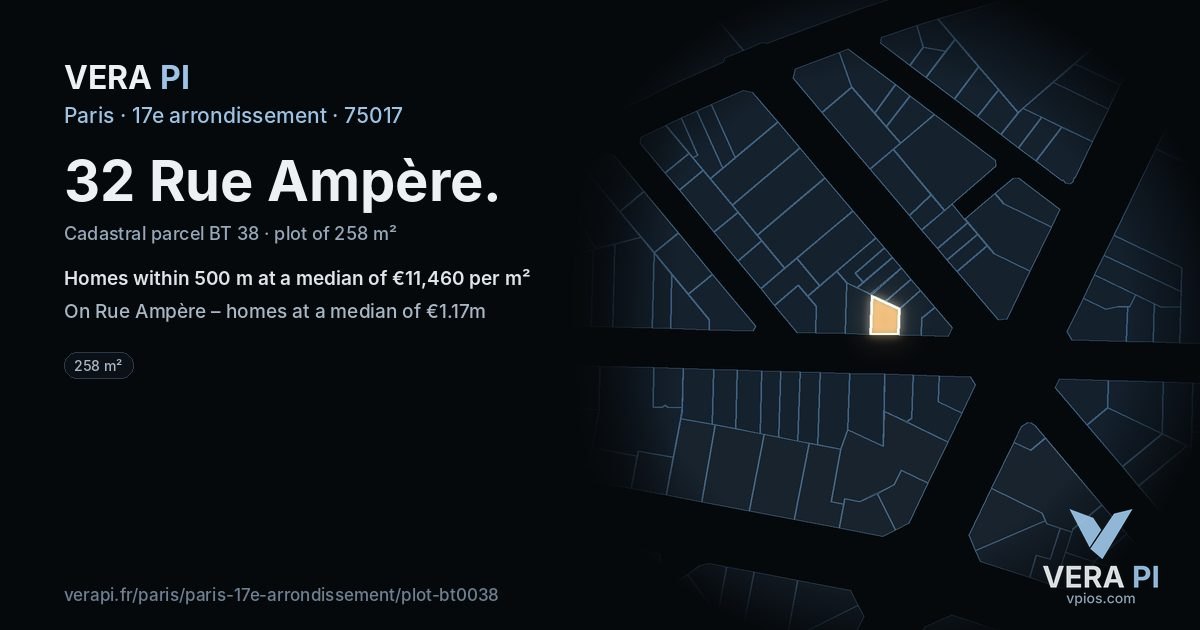 32 Rue Ampère, 17e arrondissement at night – the plot lit, the parcels around coloured by the prices near them