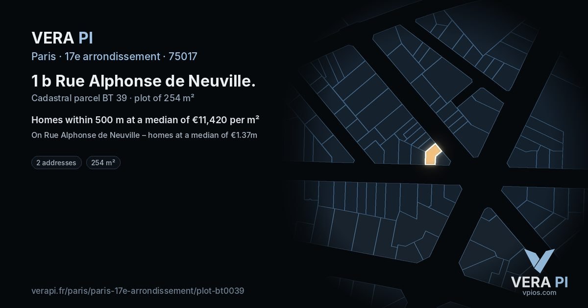 1 b Rue Alphonse de Neuville, 17e arrondissement at night – the plot lit, the parcels around coloured by the prices near them