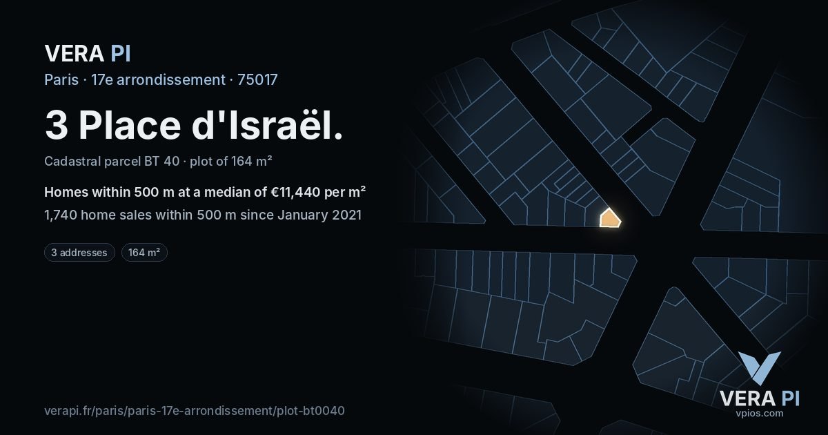 3 Place d'Israël, 17e arrondissement at night – the plot lit, the parcels around coloured by the prices near them