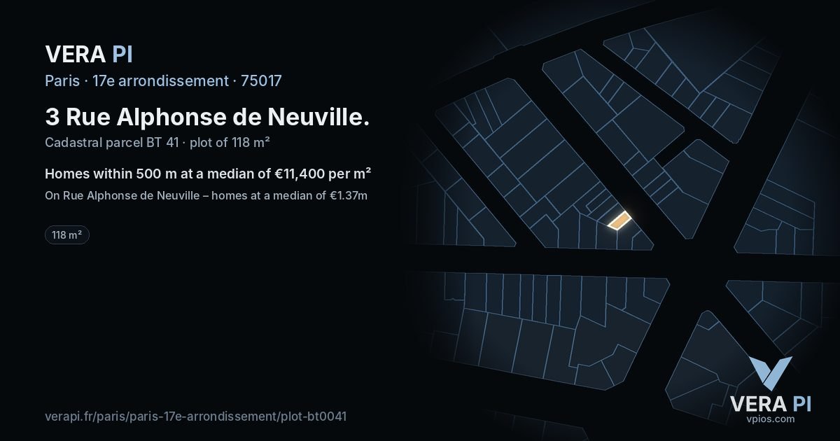 3 Rue Alphonse de Neuville, 17e arrondissement at night – the plot lit, the parcels around coloured by the prices near them
