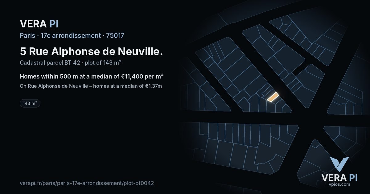 5 Rue Alphonse de Neuville, 17e arrondissement at night – the plot lit, the parcels around coloured by the prices near them