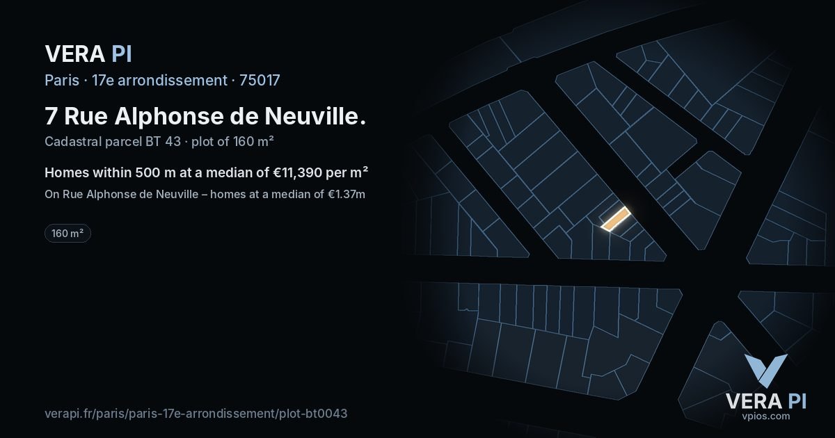 7 Rue Alphonse de Neuville, 17e arrondissement at night – the plot lit, the parcels around coloured by the prices near them