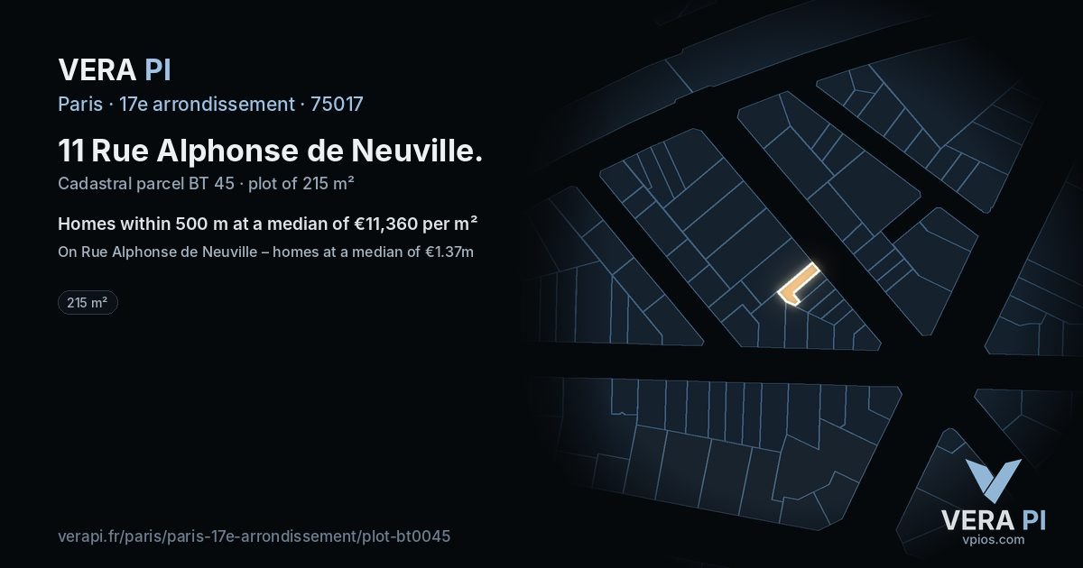 11 Rue Alphonse de Neuville, 17e arrondissement at night – the plot lit, the parcels around coloured by the prices near them
