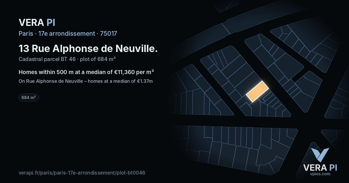 13 Rue Alphonse de Neuville, 17e arrondissement at night – the plot lit, the parcels around coloured by the prices near them