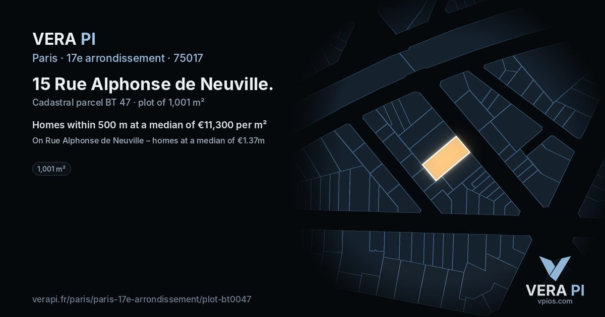 15 Rue Alphonse de Neuville, 17e arrondissement at night – the plot lit, the parcels around coloured by the prices near them