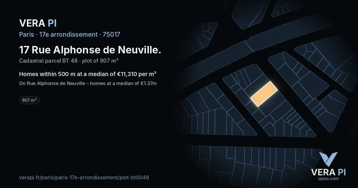 17 Rue Alphonse de Neuville, 17e arrondissement at night – the plot lit, the parcels around coloured by the prices near them