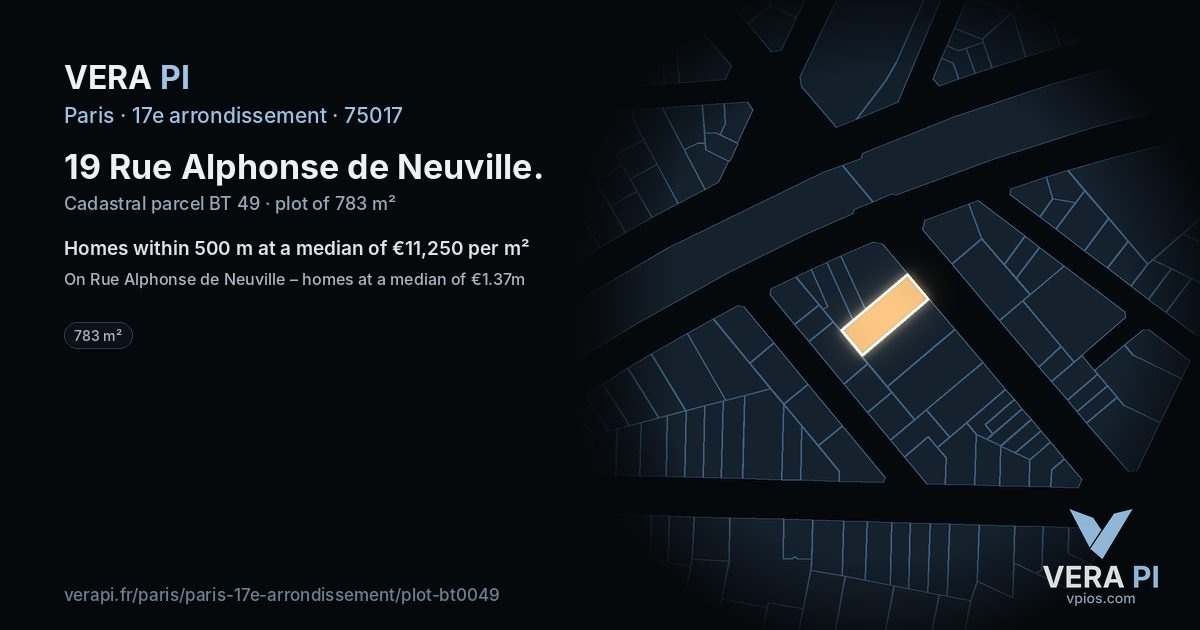19 Rue Alphonse de Neuville, 17e arrondissement at night – the plot lit, the parcels around coloured by the prices near them