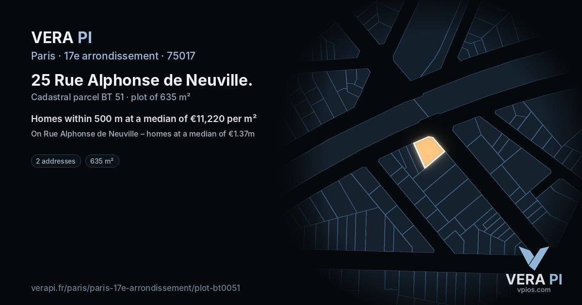 25 Rue Alphonse de Neuville, 17e arrondissement at night – the plot lit, the parcels around coloured by the prices near them