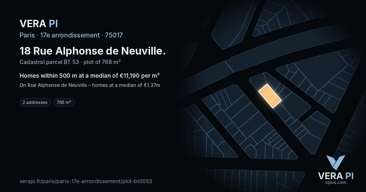 18 Rue Alphonse de Neuville, 17e arrondissement at night – the plot lit, the parcels around coloured by the prices near them