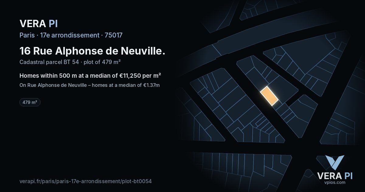 16 Rue Alphonse de Neuville, 17e arrondissement at night – the plot lit, the parcels around coloured by the prices near them