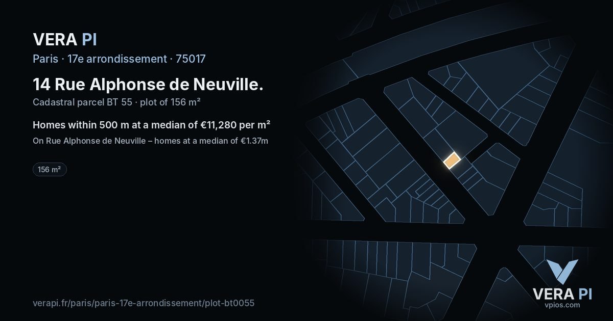 14 Rue Alphonse de Neuville, 17e arrondissement at night – the plot lit, the parcels around coloured by the prices near them
