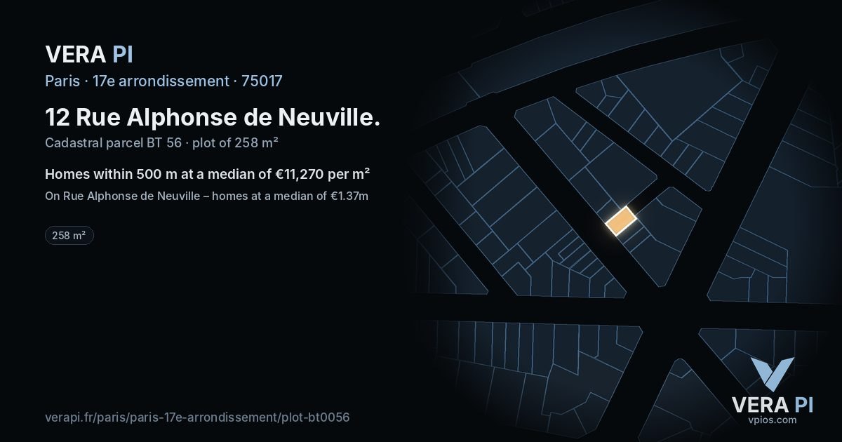 12 Rue Alphonse de Neuville, 17e arrondissement at night – the plot lit, the parcels around coloured by the prices near them