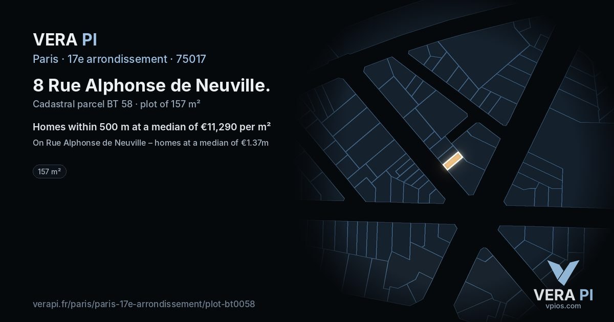 8 Rue Alphonse de Neuville, 17e arrondissement at night – the plot lit, the parcels around coloured by the prices near them