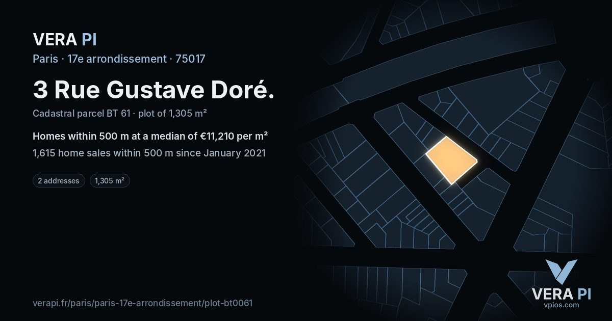 3 Rue Gustave Doré, 17e arrondissement at night – the plot lit, the parcels around coloured by the prices near them