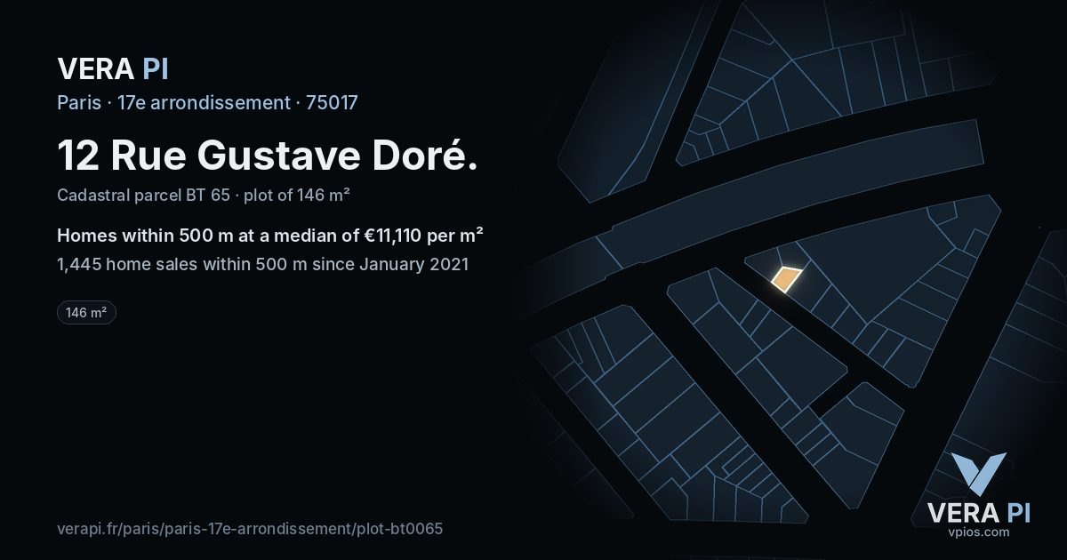 12 Rue Gustave Doré, 17e arrondissement at night – the plot lit, the parcels around coloured by the prices near them