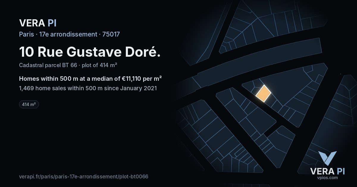 10 Rue Gustave Doré, 17e arrondissement at night – the plot lit, the parcels around coloured by the prices near them