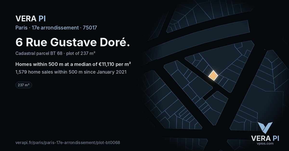 6 Rue Gustave Doré, 17e arrondissement at night – the plot lit, the parcels around coloured by the prices near them