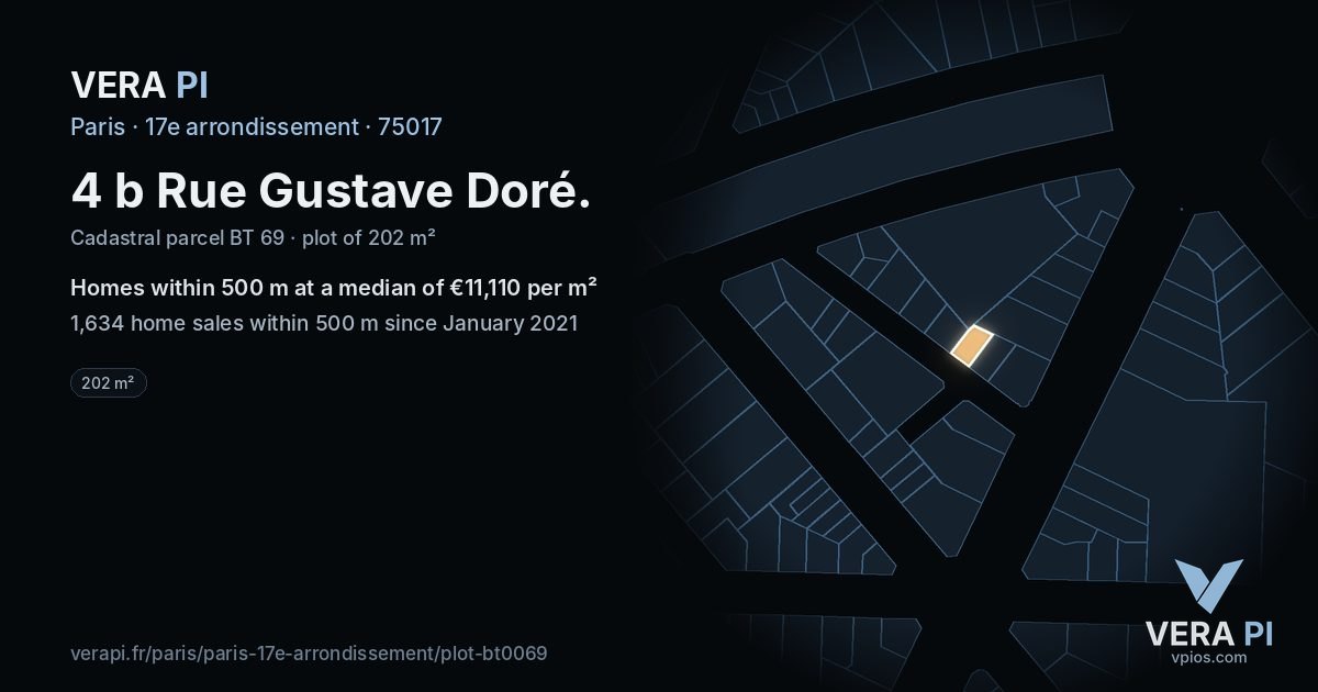 4 b Rue Gustave Doré, 17e arrondissement at night – the plot lit, the parcels around coloured by the prices near them