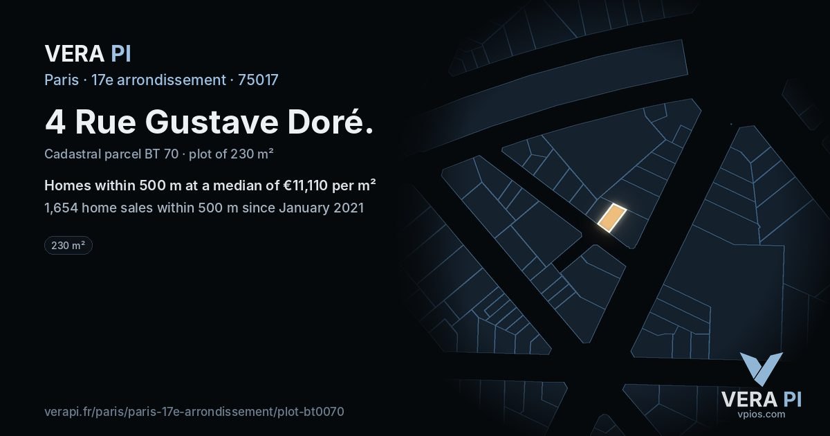4 Rue Gustave Doré, 17e arrondissement at night – the plot lit, the parcels around coloured by the prices near them