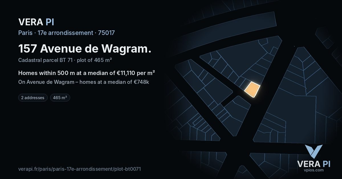 157 Avenue de Wagram, 17e arrondissement at night – the plot lit, the parcels around coloured by the prices near them