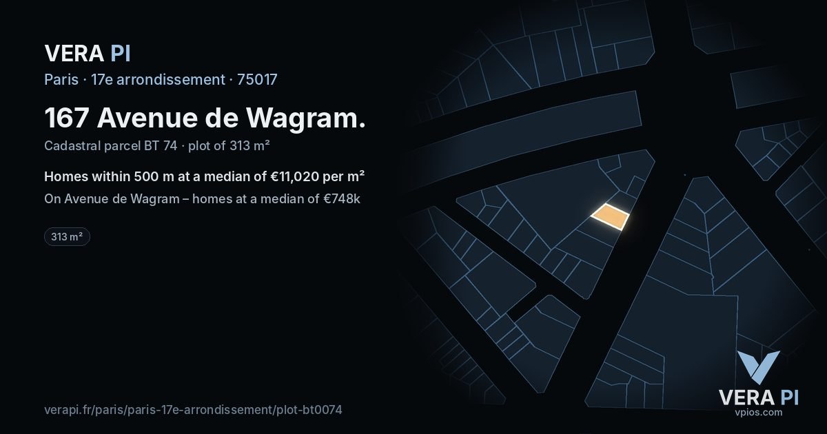 167 Avenue de Wagram, 17e arrondissement at night – the plot lit, the parcels around coloured by the prices near them