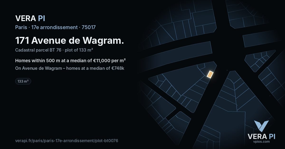 171 Avenue de Wagram, 17e arrondissement at night – the plot lit, the parcels around coloured by the prices near them