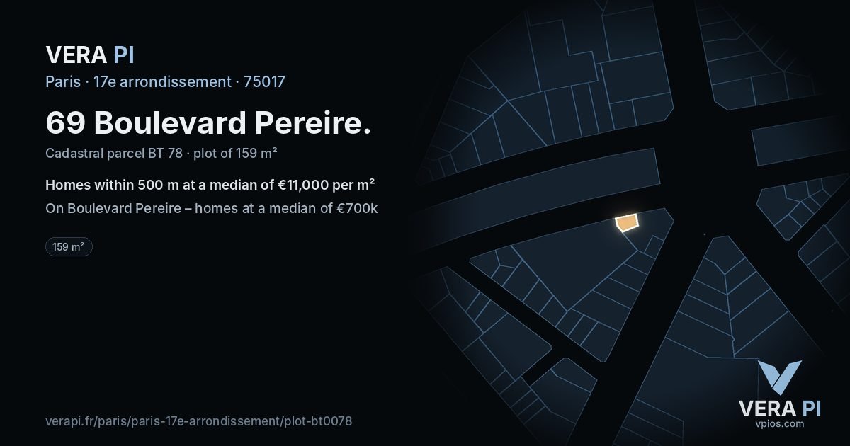 69 Boulevard Pereire, 17e arrondissement at night – the plot lit, the parcels around coloured by the prices near them