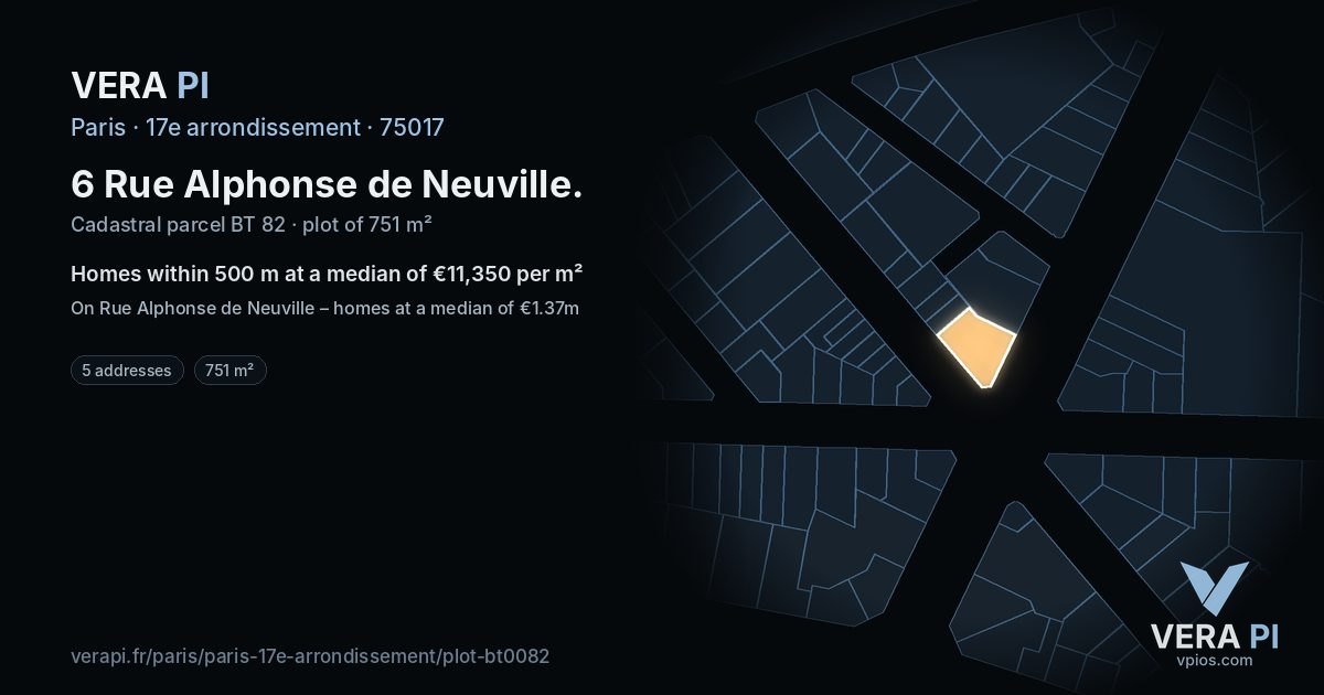 6 Rue Alphonse de Neuville, 17e arrondissement at night – the plot lit, the parcels around coloured by the prices near them
