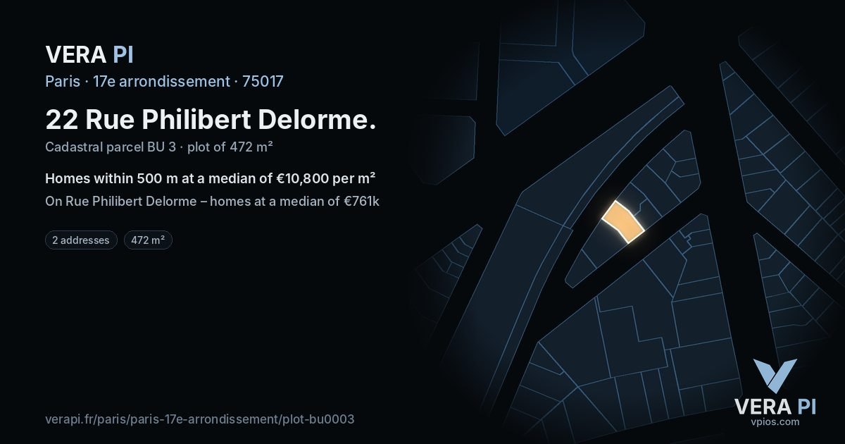 22 Rue Philibert Delorme, 17e arrondissement at night – the plot lit, the parcels around coloured by the prices near them