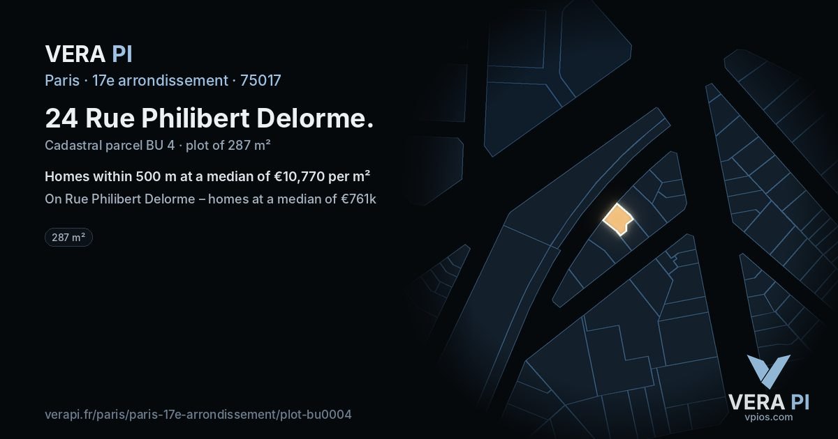 24 Rue Philibert Delorme, 17e arrondissement at night – the plot lit, the parcels around coloured by the prices near them