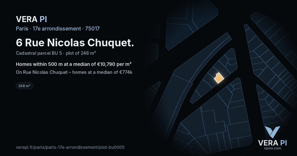 6 Rue Nicolas Chuquet, 17e arrondissement at night – the plot lit, the parcels around coloured by the prices near them
