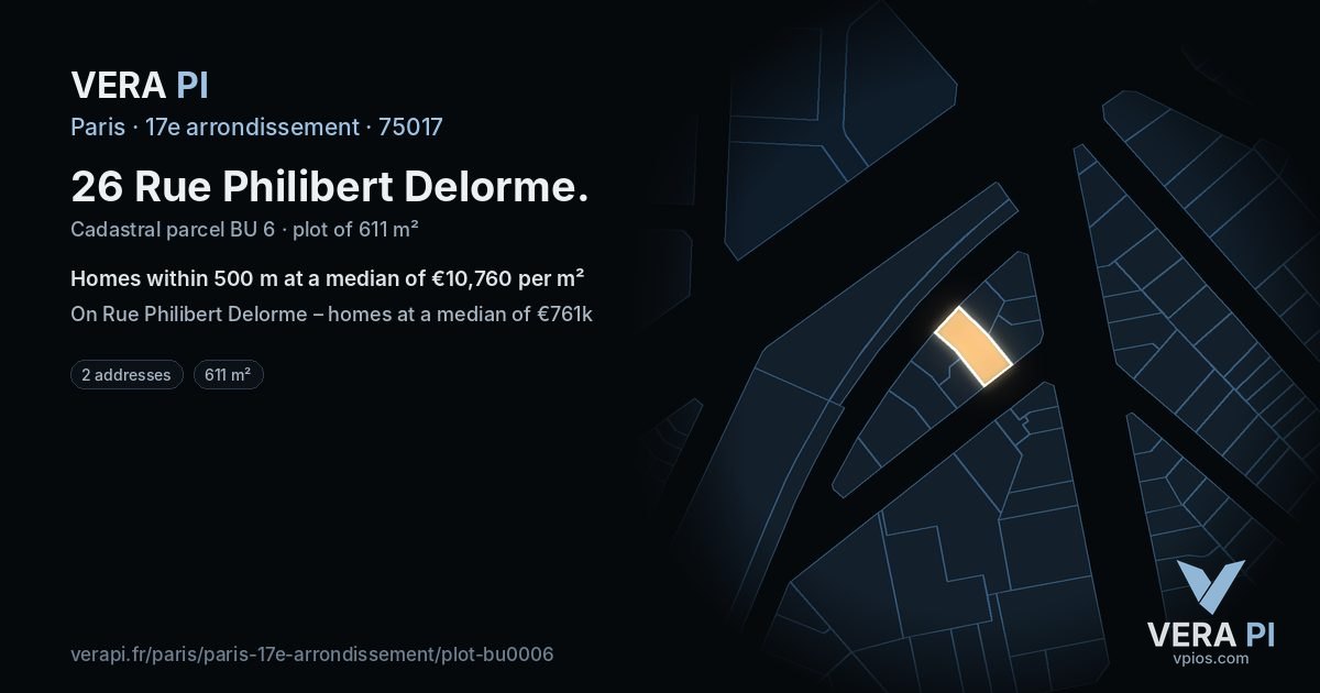 26 Rue Philibert Delorme, 17e arrondissement at night – the plot lit, the parcels around coloured by the prices near them