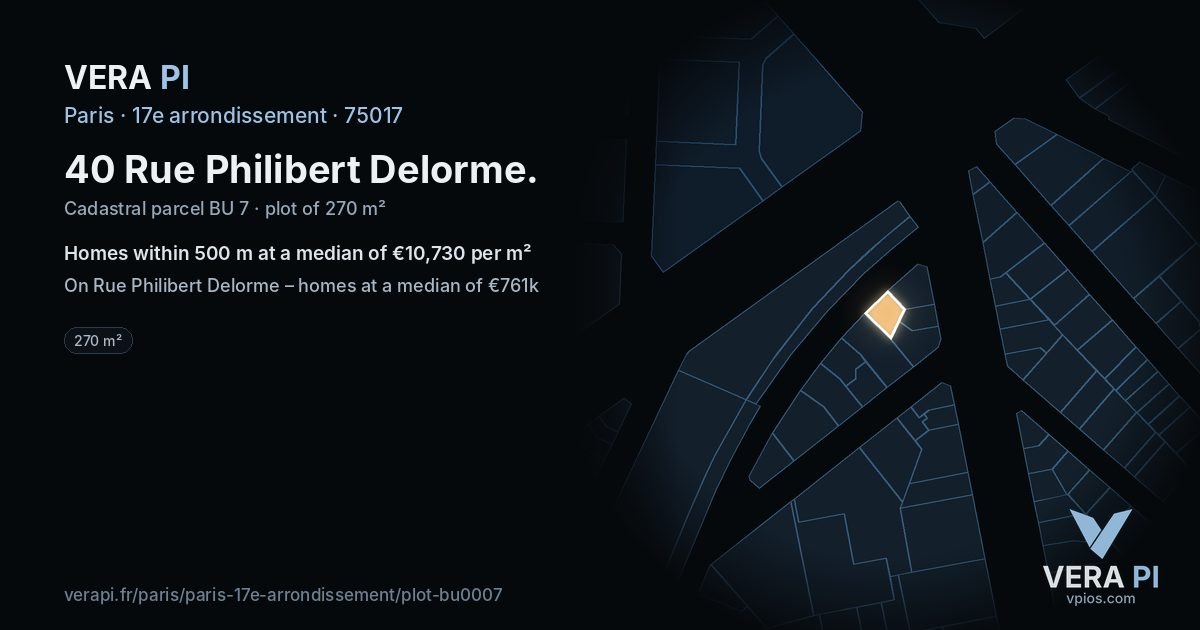 40 Rue Philibert Delorme, 17e arrondissement at night – the plot lit, the parcels around coloured by the prices near them