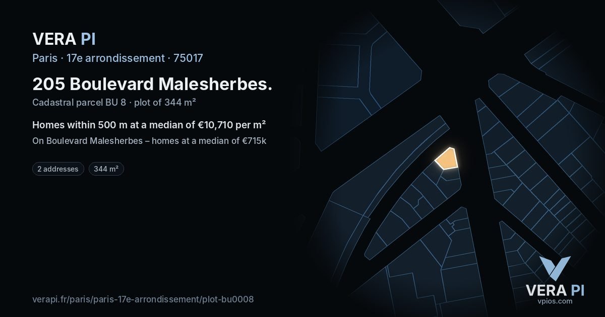 205 Boulevard Malesherbes, 17e arrondissement at night – the plot lit, the parcels around coloured by the prices near them