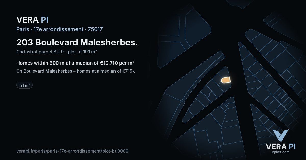 203 Boulevard Malesherbes, 17e arrondissement at night – the plot lit, the parcels around coloured by the prices near them