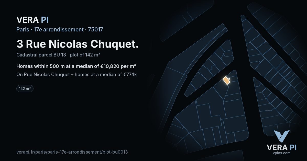 3 Rue Nicolas Chuquet, 17e arrondissement at night – the plot lit, the parcels around coloured by the prices near them