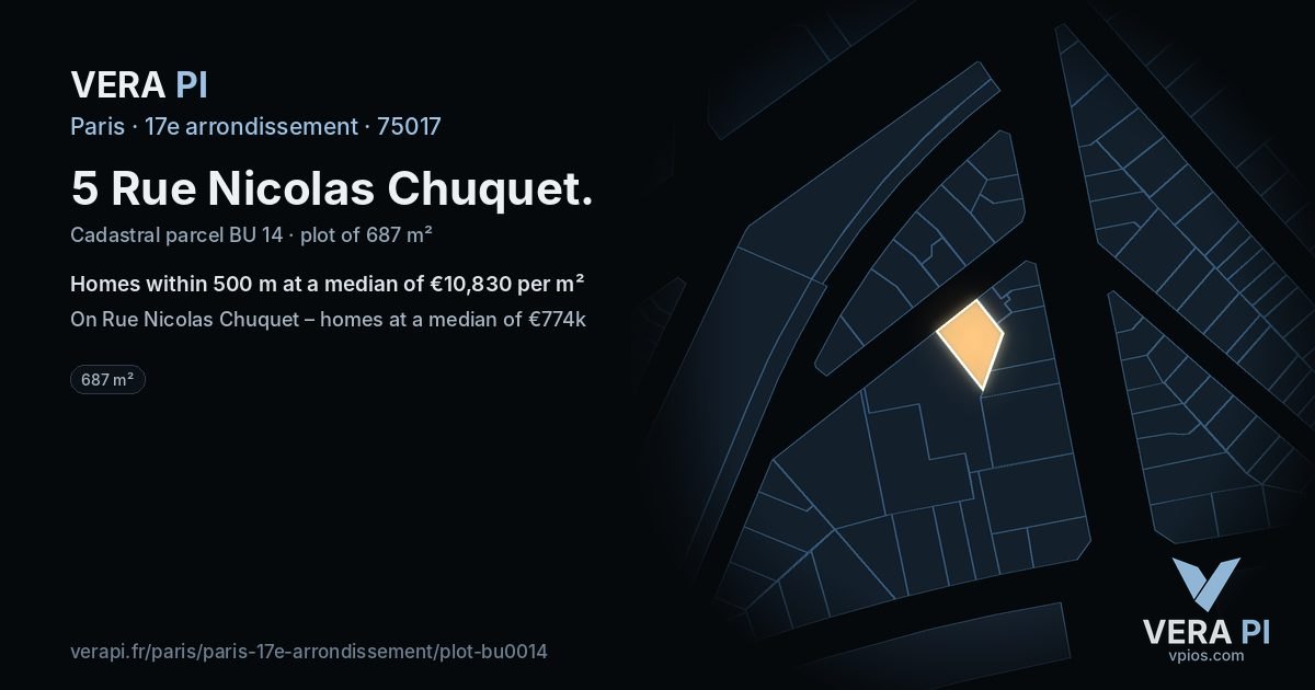 5 Rue Nicolas Chuquet, 17e arrondissement at night – the plot lit, the parcels around coloured by the prices near them