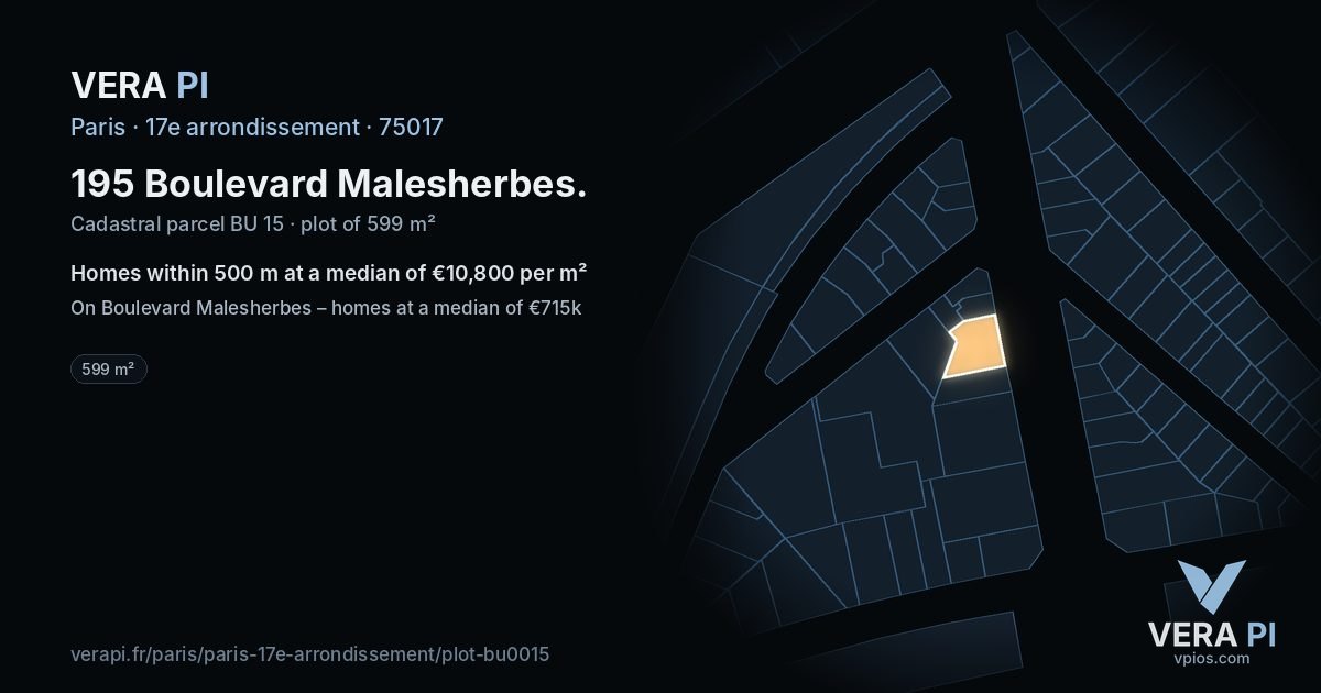 195 Boulevard Malesherbes, 17e arrondissement at night – the plot lit, the parcels around coloured by the prices near them