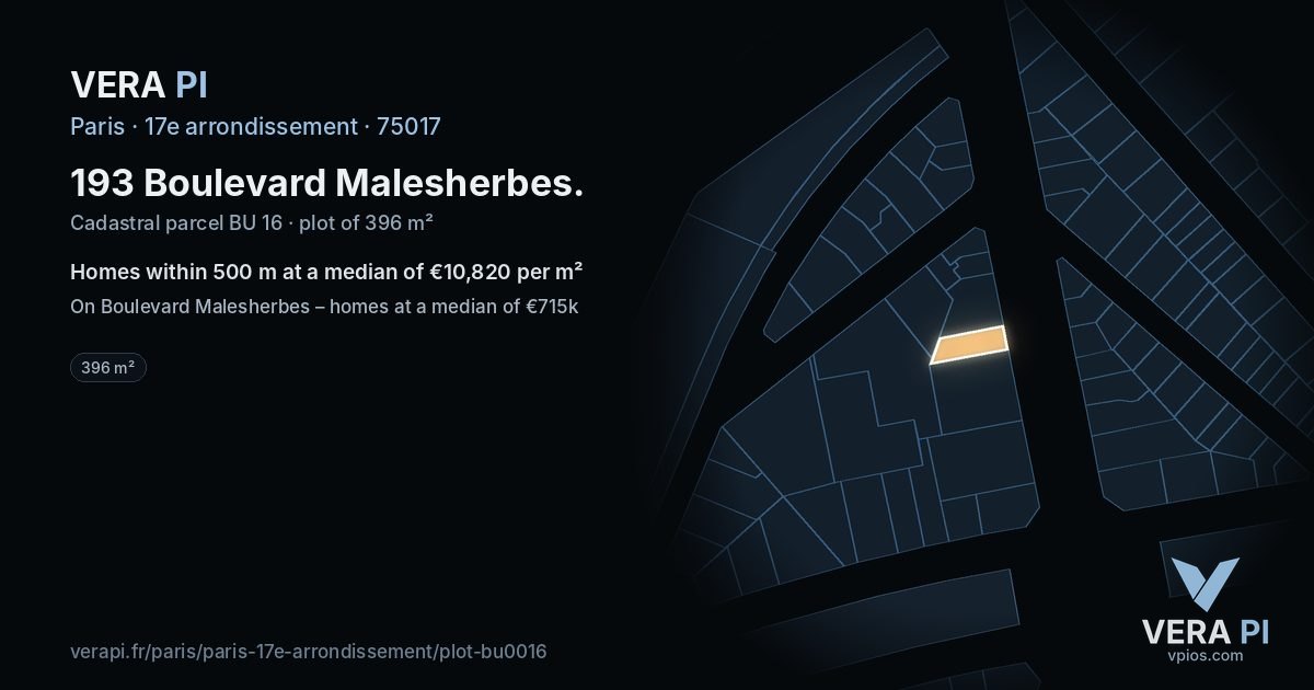 193 Boulevard Malesherbes, 17e arrondissement at night – the plot lit, the parcels around coloured by the prices near them