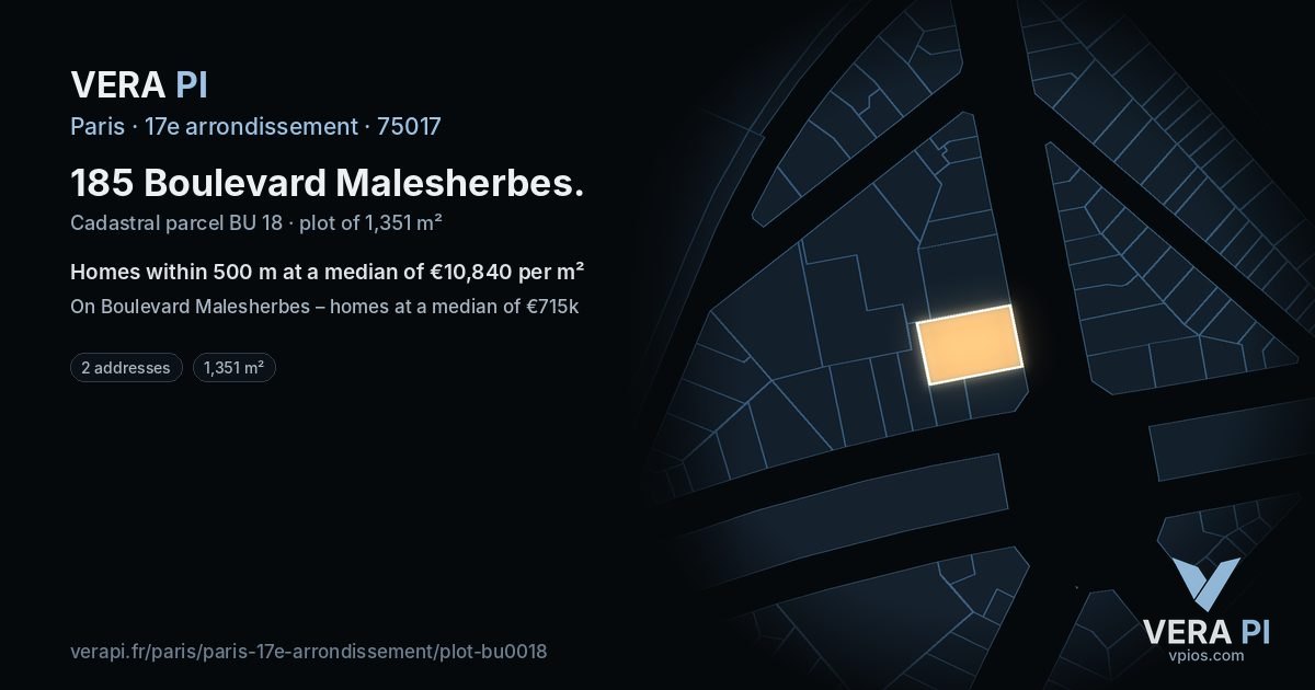 185 Boulevard Malesherbes, 17e arrondissement at night – the plot lit, the parcels around coloured by the prices near them