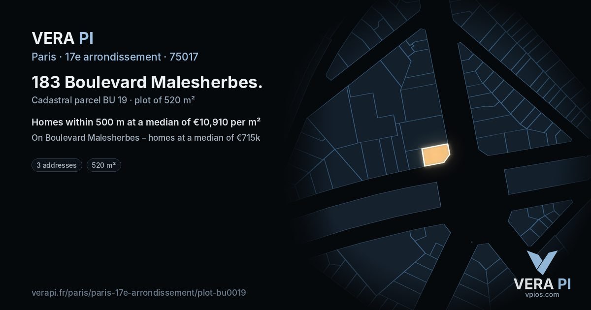 183 Boulevard Malesherbes, 17e arrondissement at night – the plot lit, the parcels around coloured by the prices near them