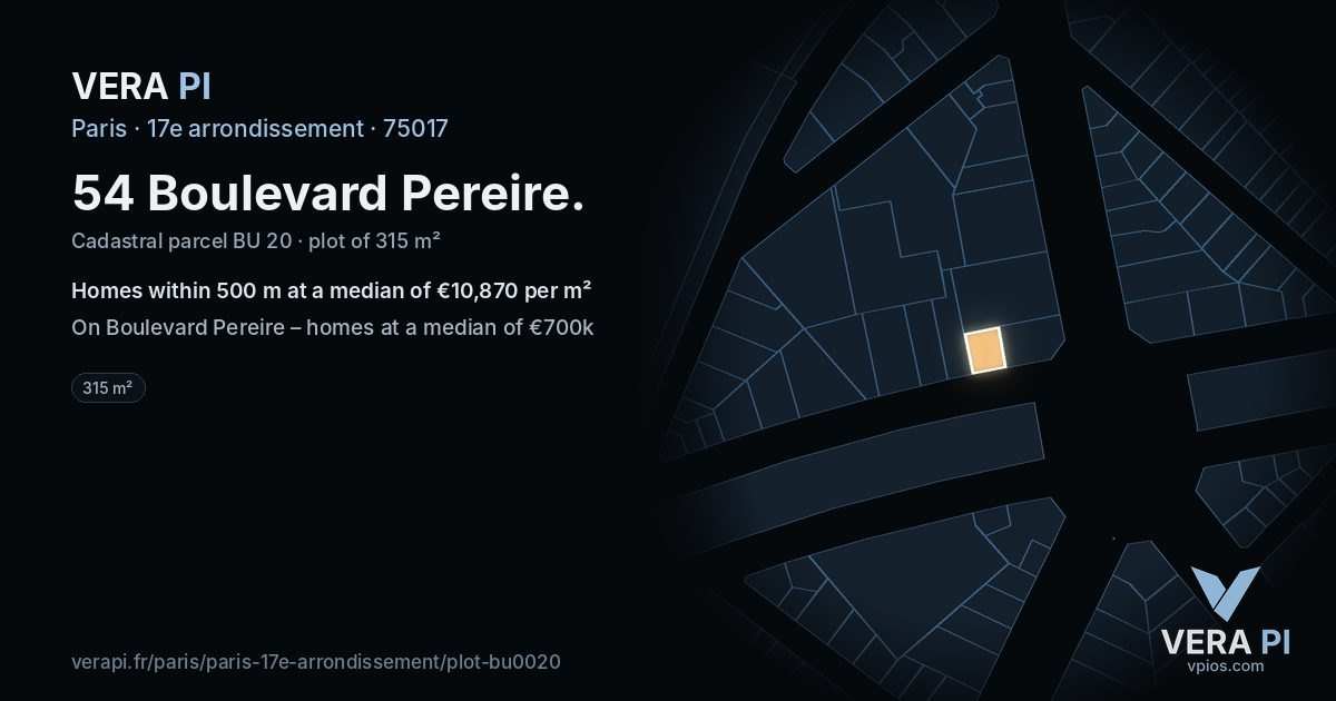 54 Boulevard Pereire, 17e arrondissement at night – the plot lit, the parcels around coloured by the prices near them
