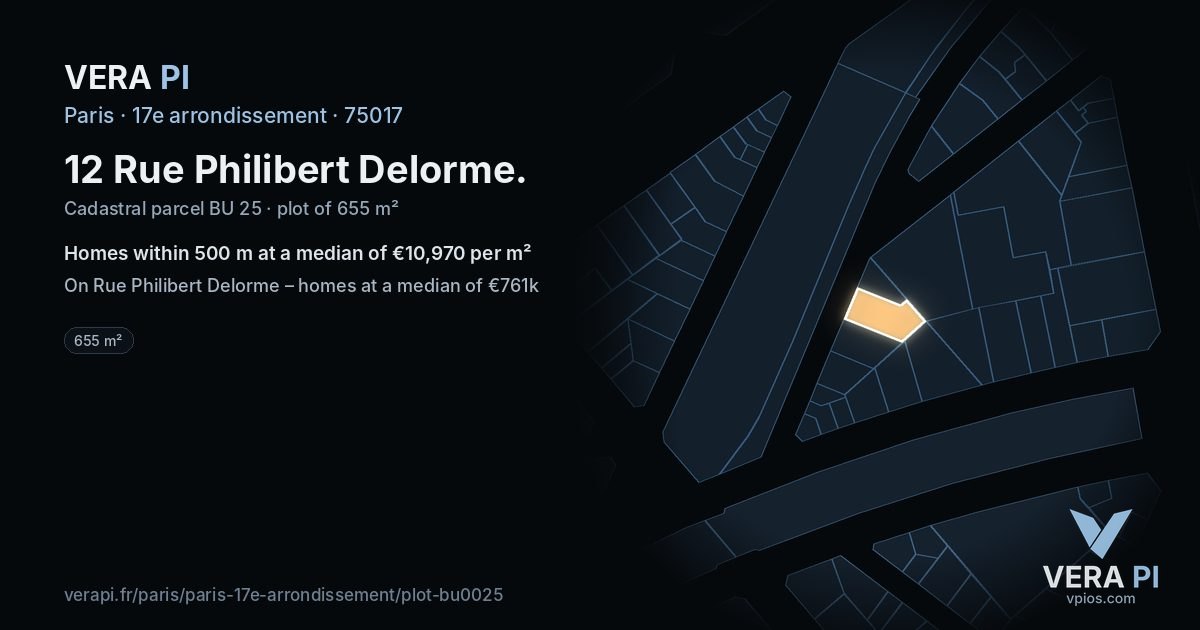 12 Rue Philibert Delorme, 17e arrondissement at night – the plot lit, the parcels around coloured by the prices near them