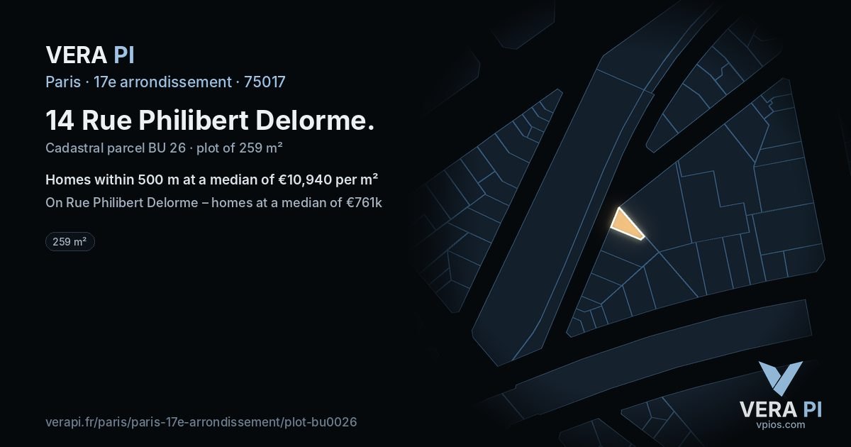 14 Rue Philibert Delorme, 17e arrondissement at night – the plot lit, the parcels around coloured by the prices near them