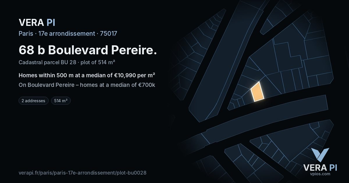 68 b Boulevard Pereire, 17e arrondissement at night – the plot lit, the parcels around coloured by the prices near them