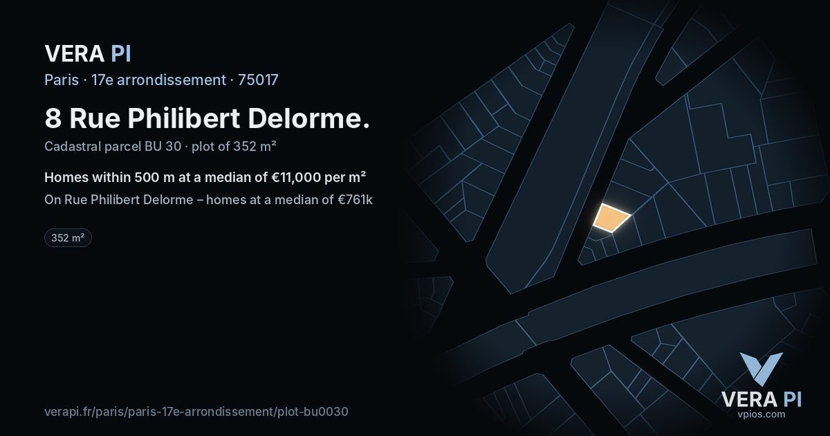 8 Rue Philibert Delorme, 17e arrondissement at night – the plot lit, the parcels around coloured by the prices near them