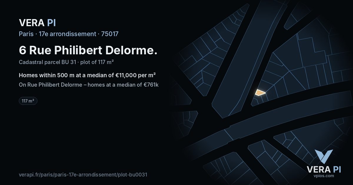 6 Rue Philibert Delorme, 17e arrondissement at night – the plot lit, the parcels around coloured by the prices near them