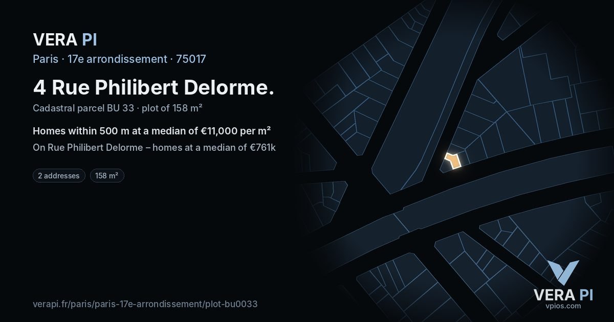 4 Rue Philibert Delorme, 17e arrondissement at night – the plot lit, the parcels around coloured by the prices near them