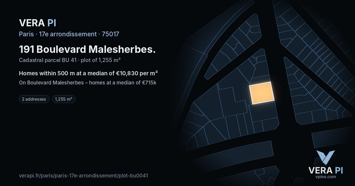 191 Boulevard Malesherbes, 17e arrondissement at night – the plot lit, the parcels around coloured by the prices near them