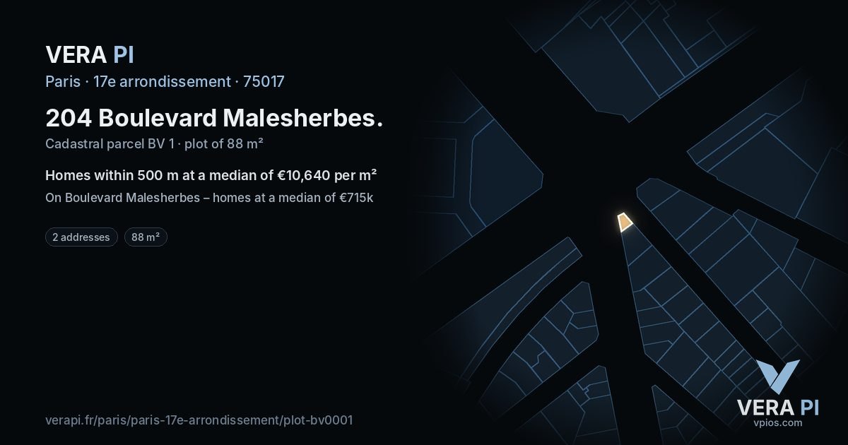 204 Boulevard Malesherbes, 17e arrondissement at night – the plot lit, the parcels around coloured by the prices near them